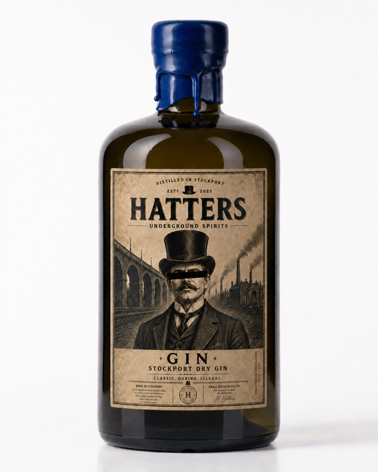 Hatters Stockport Dry Gin in an amber bottle with a blue wax seal on a white background