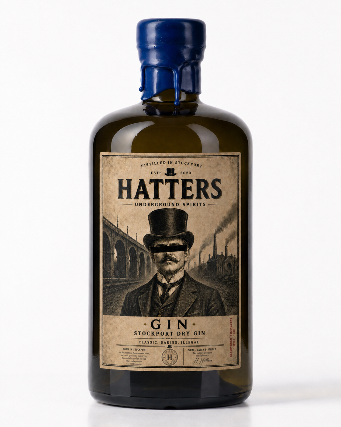 Hatters Stockport Dry Gin bottle with blue wax seal