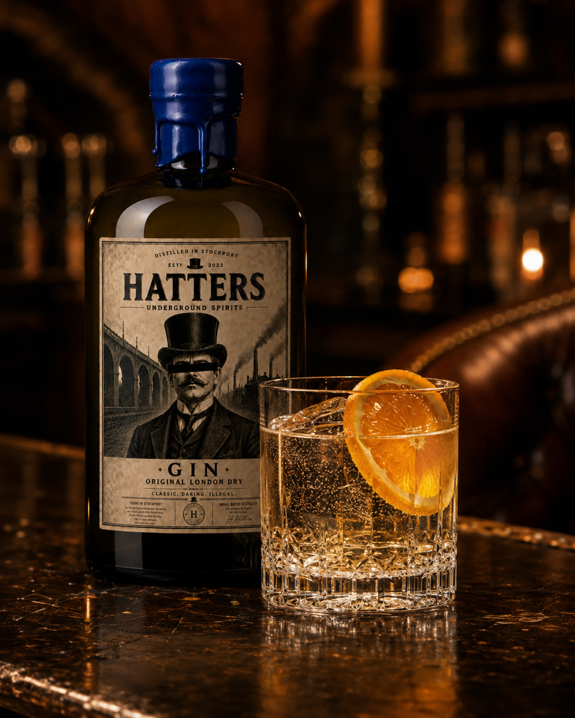 Hatters Stockport Dry Gin and tonic with orange garnish
