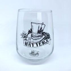 Stemless gin glass with Hatters logo